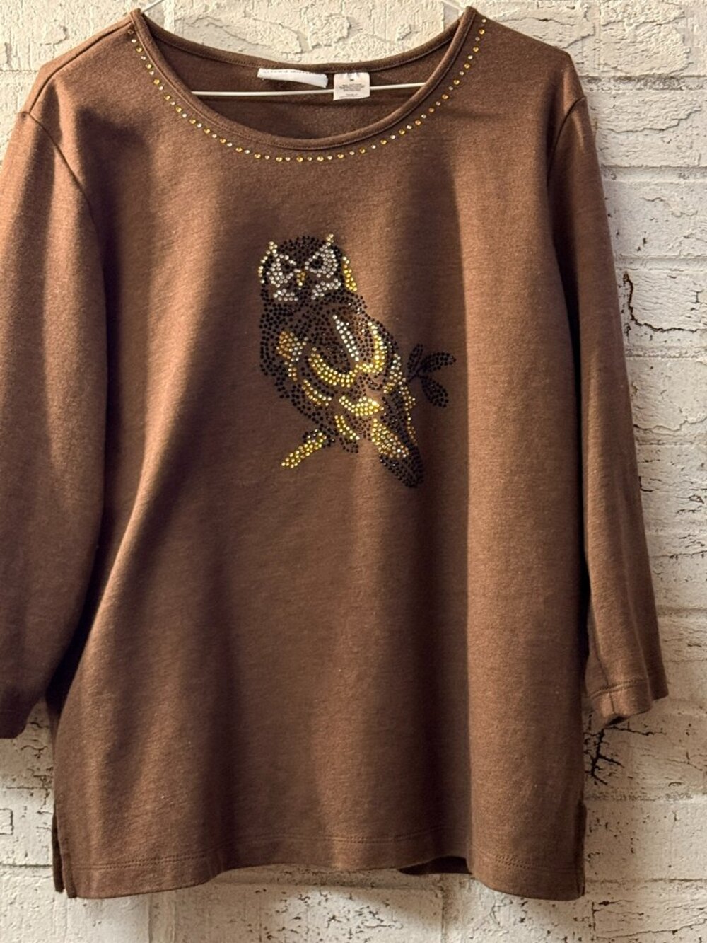 Alfred Dunner Womens M Brown Rhinestone Owl 3/4 Sleeve Top Embellished Bling
